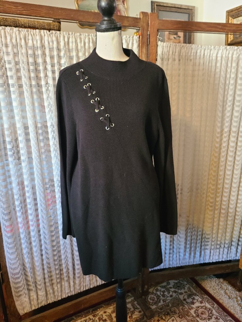 Zenergy by Chico's Black Tunic Sweater Directional Lace Up NWT 2 or Large $89.50